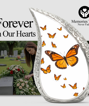 Butterfly Personalized Cremation Urn – Teardrop Style Aluminum Memorial Urn, 10 Inch