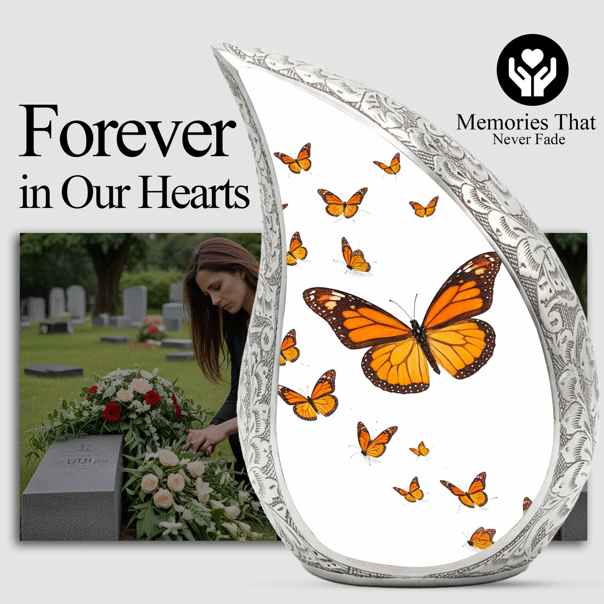 Butterfly Personalized Cremation Urn – Teardrop Style Aluminum Memorial Urn, 10 Inch