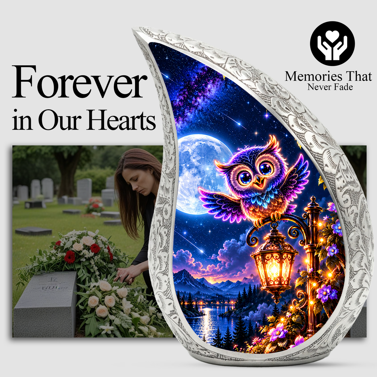 Owl Urn for Ashes, Colorful Owl Cremation Urn with Moon