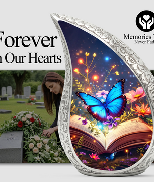 Butterfly Personalized Cremation Urn – Teardrop Style Aluminum Memorial Urn, 10 Inch