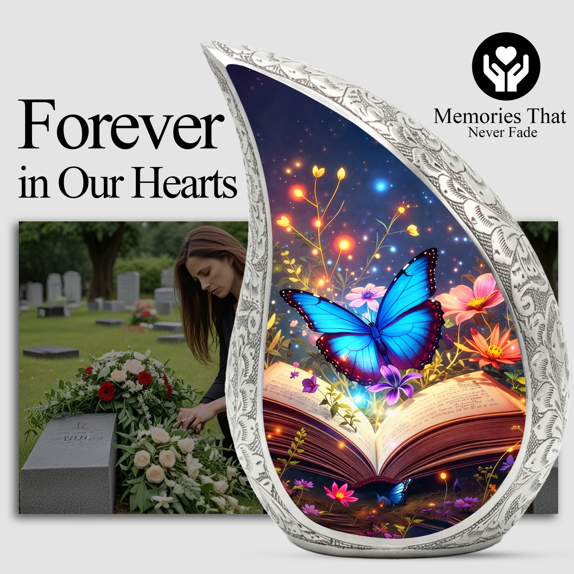 Butterfly Personalized Cremation Urn – Teardrop Style Aluminum Memorial Urn, 10 Inch