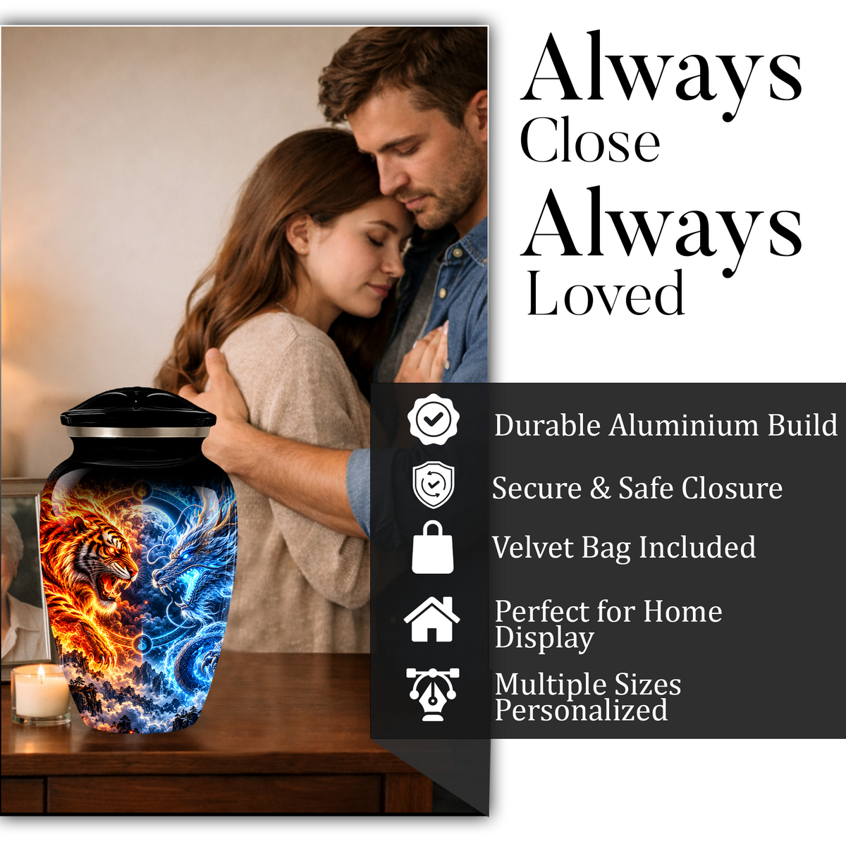 Personalized Adult Cremation Urn for Ashes, Fire and Ice Tiger and Dragon Memorial Urn