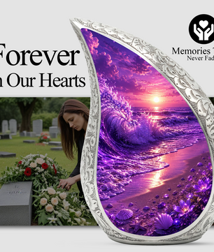 Beach Urns for Human Ashes – Purple Ocean Wave Sunset Beach Themed Cremation Urn