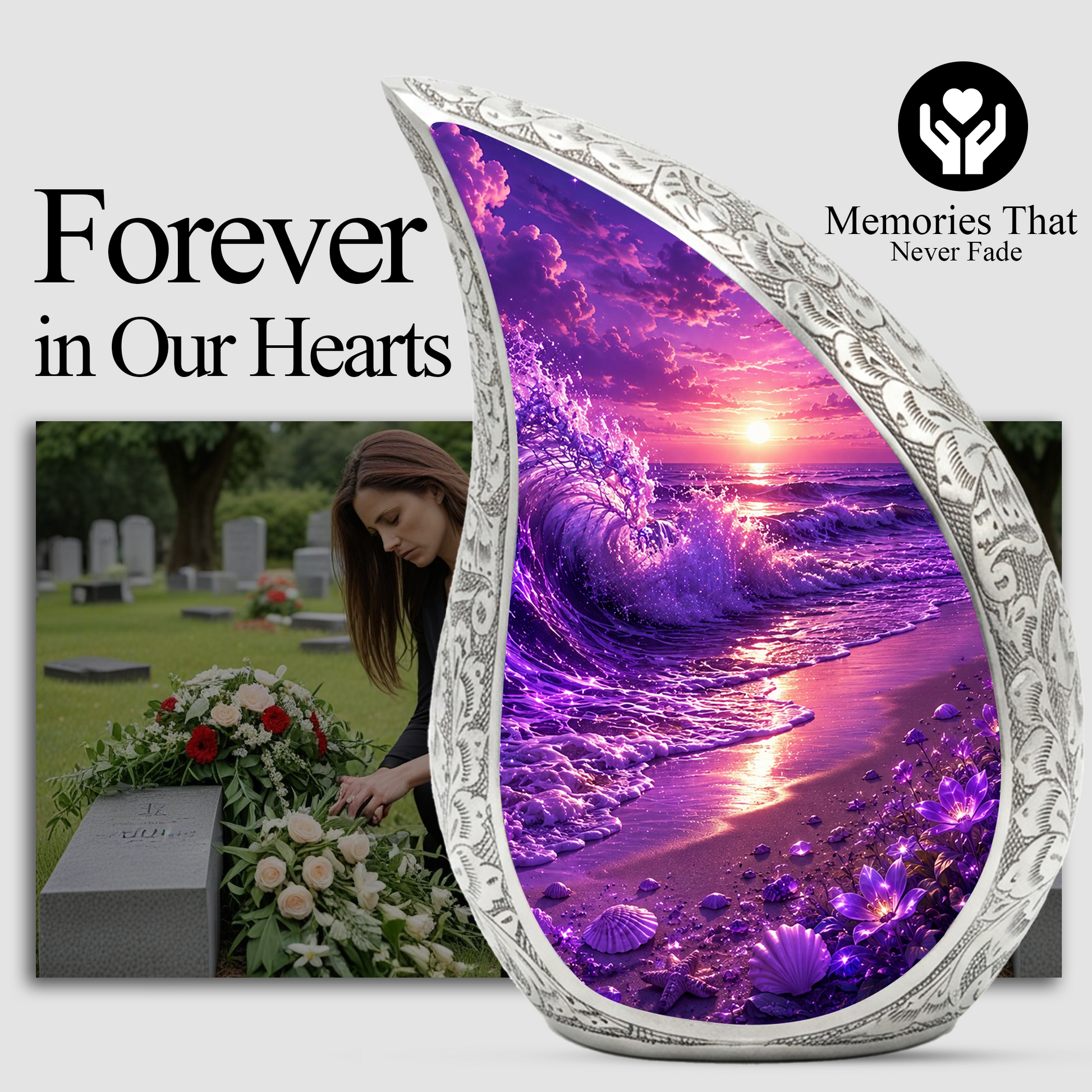 Beach Urns for Human Ashes – Purple Ocean Wave Sunset Beach Themed Cremation Urn