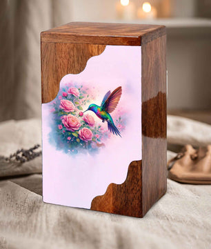 Hummingbird Wooden Cremation Urn – Floral Memorial Urn with Hummingbird Design
