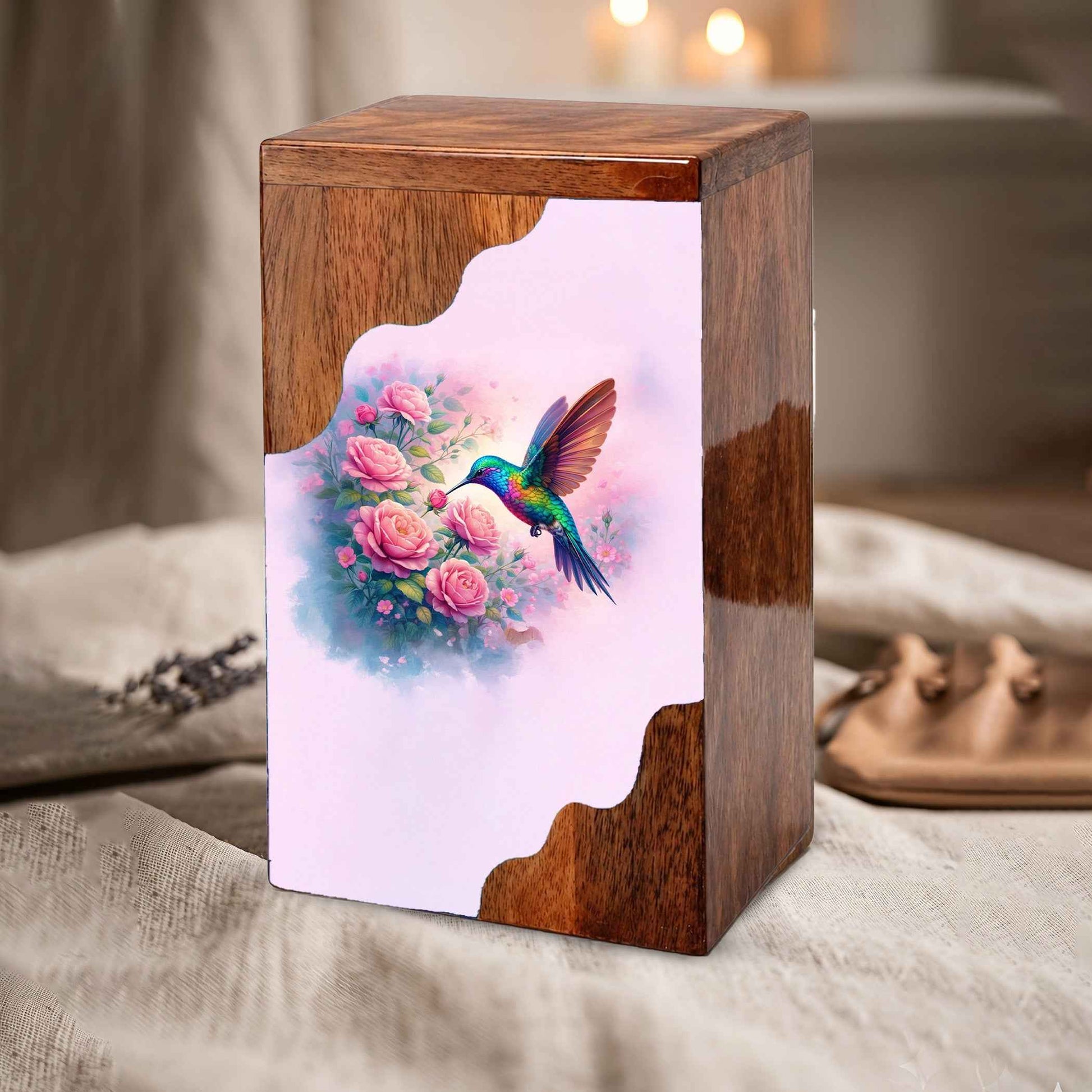 Hummingbird Wooden Cremation Urn – Floral Memorial Urn with Hummingbird Design