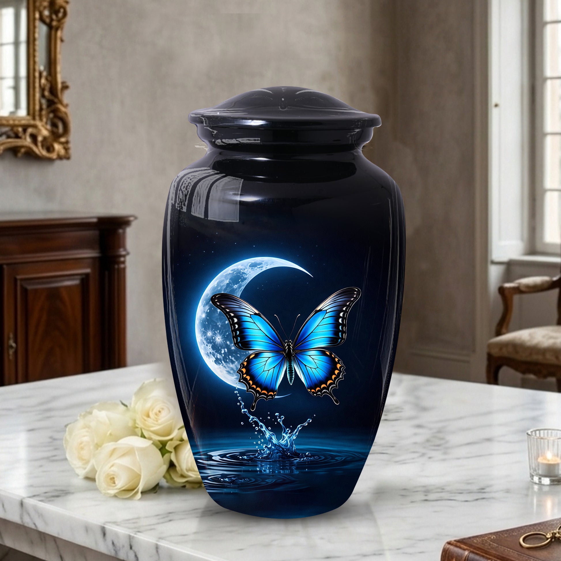 Blue Butterfly Urn for Mom with Moon | Butterfly Cremation  Large Urn for Ashes