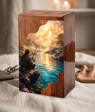 Heavenly Fishing Wooden Cremation Urn – Personalized Memorial Urn for Human Ashes