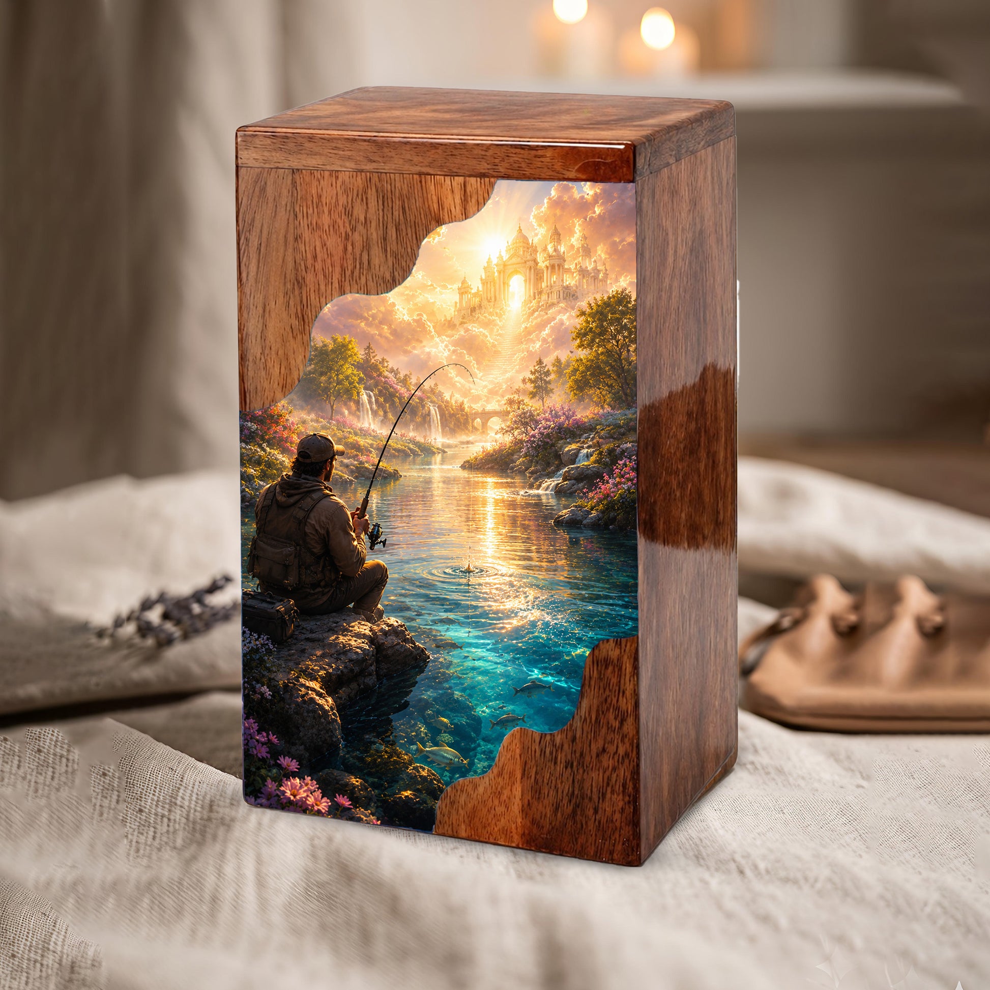 Heavenly Fishing Wooden Cremation Urn – Personalized Memorial Urn for Human Ashes