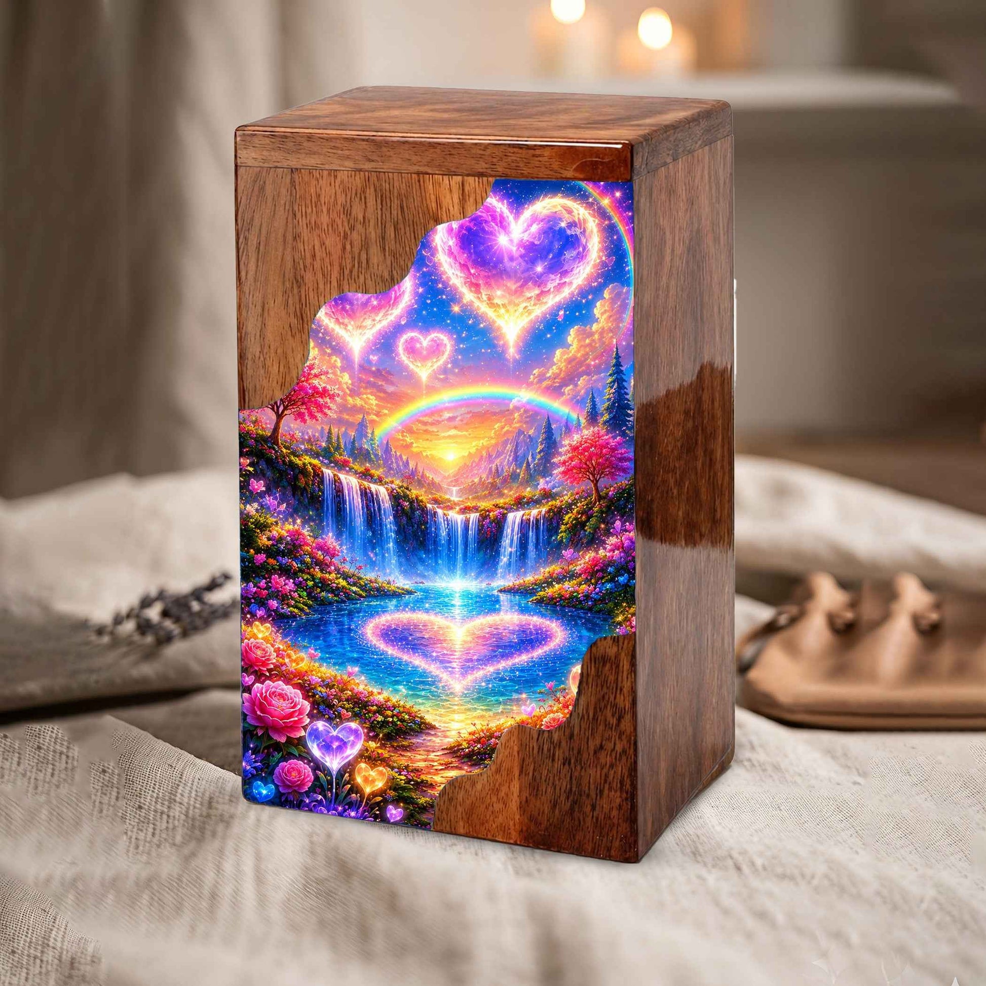 Heart Heaven Wooden Cremation Urn – Rainbow Waterfall Memorial Urn