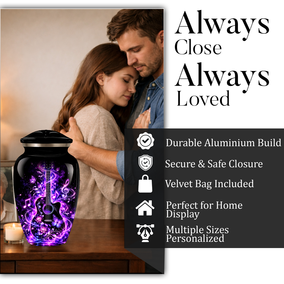 Personalized Guitar Cremation Urn for Ashes, Purple Music Memorial Urn, Custom Adult Cremation Urn