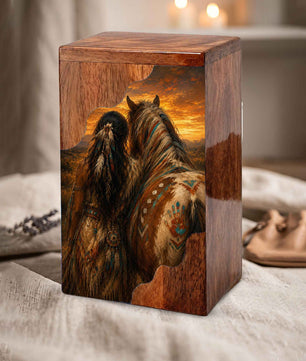Native Spirit Wooden Cremation Urn – Horse Memorial Urn for Human Ashes | Sunset Tribute Wooden Urn