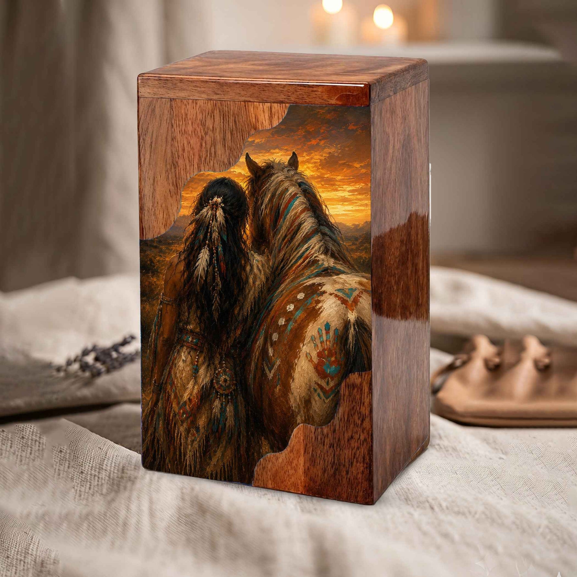 Native Spirit Wooden Cremation Urn – Horse Memorial Urn for Human Ashes | Sunset Tribute Wooden Urn