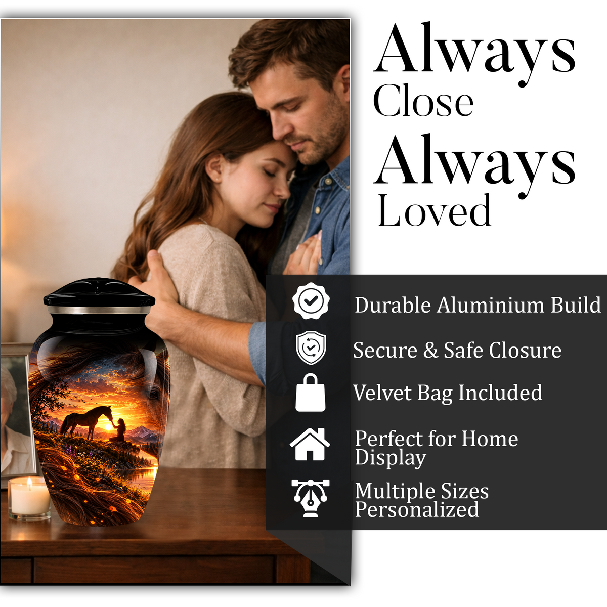 Personalized Adult Cremation Urn for Ashes, Custom Memorial Urn, Horse Sunset Artwork, Adult Urn