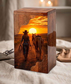 Western Wooden Cremation Urn – Cowboy Memorial Urn for Ashes | Sunset Horse Memorial Urn
