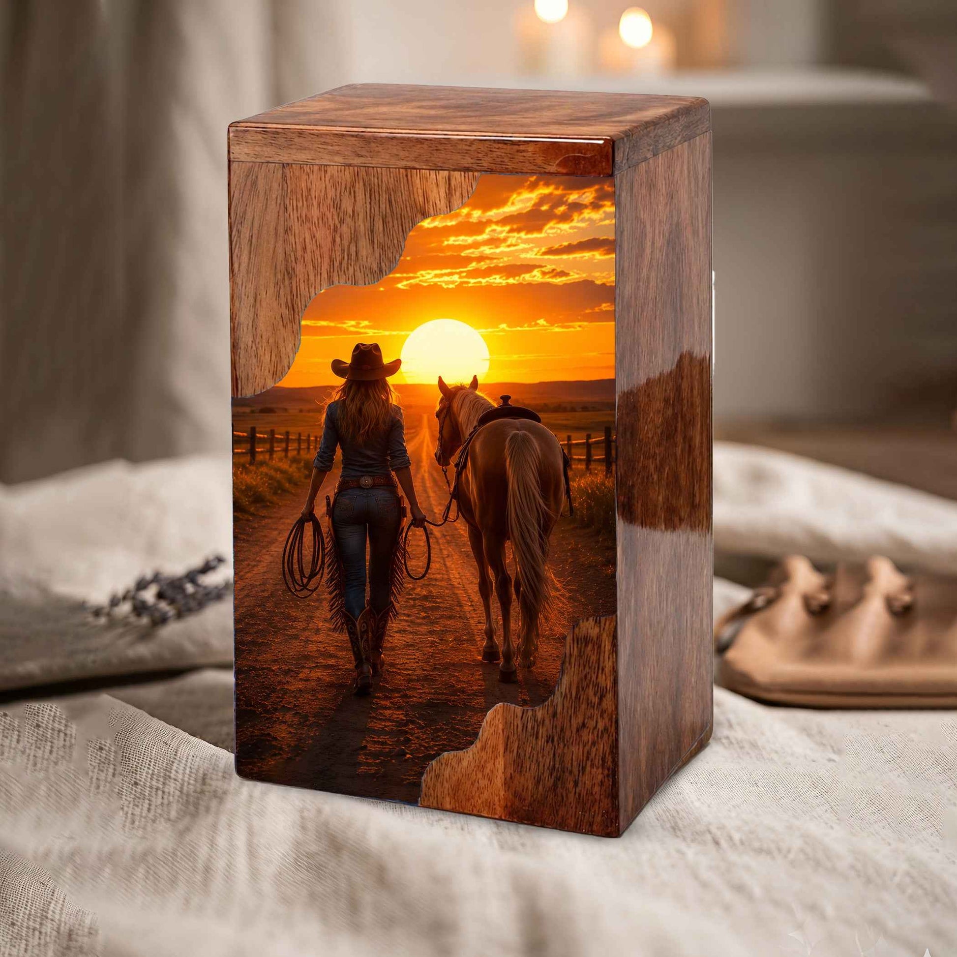Western Wooden Cremation Urn – Cowboy Memorial Urn for Ashes | Sunset Horse Memorial Urn
