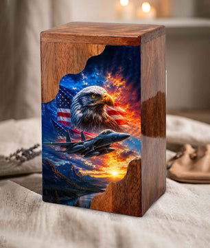 Military Eagle Wooden Cremation Urn for Human Ashes | Personalized Veteran Memorial Urn
