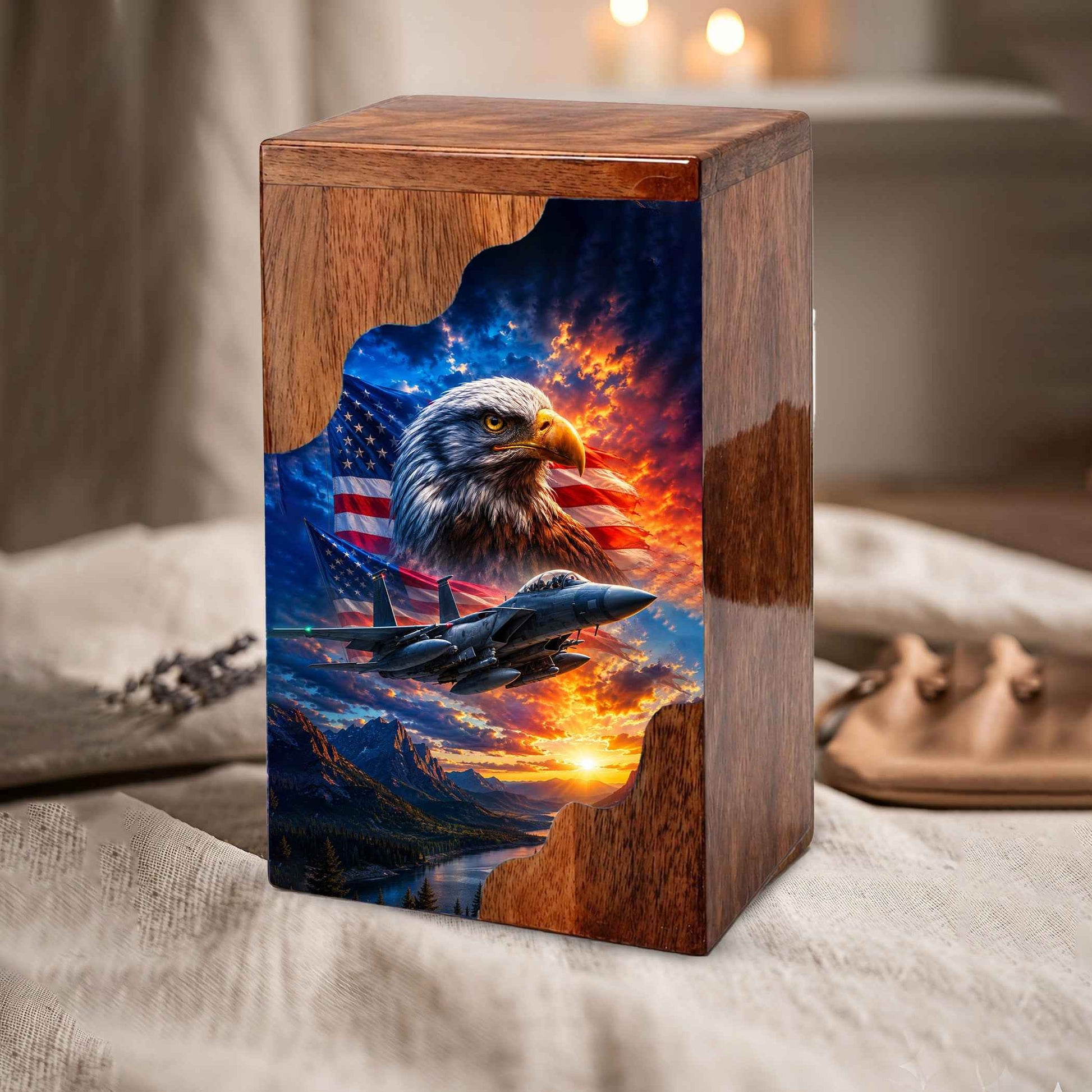 Military Eagle Wooden Cremation Urn for Human Ashes | Personalized Veteran Memorial Urn