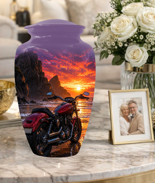 Motorcycle Urn for Dad Ashes -Beach Sunset Memorial Keepsake Urns for Men