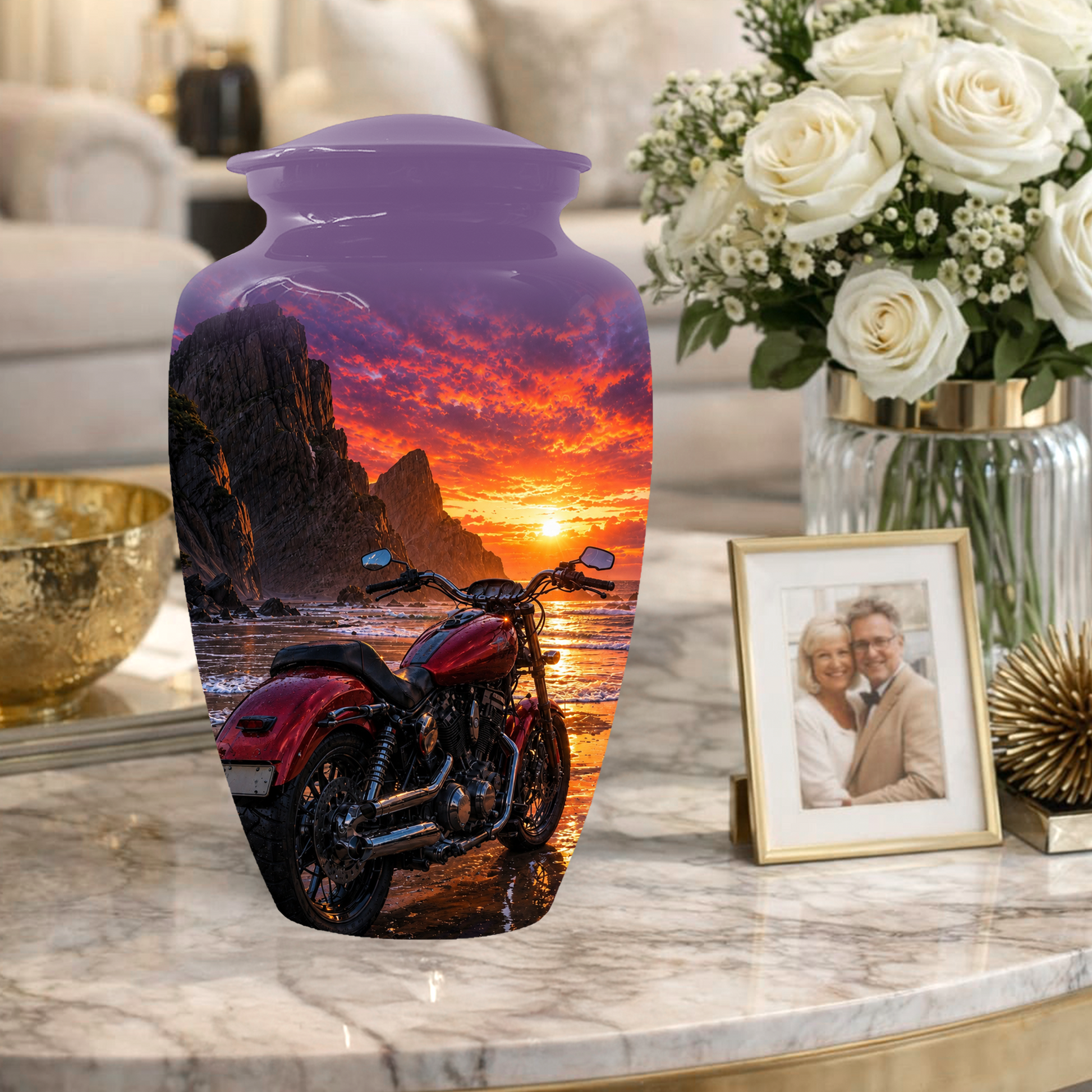 Motorcycle Urn for Dad Ashes -Beach Sunset Memorial Keepsake Urns for Men