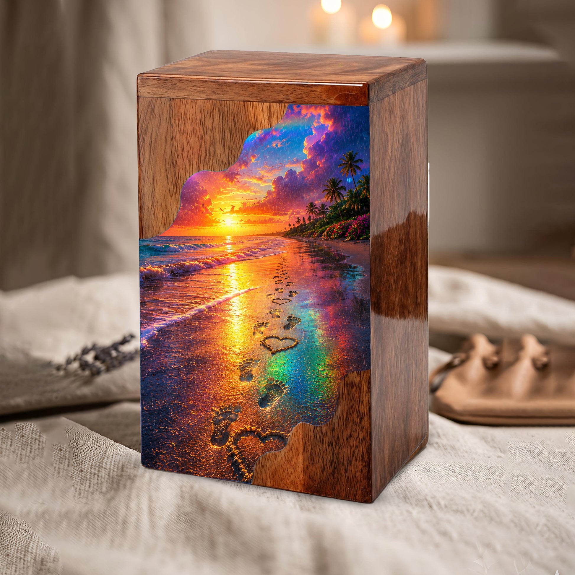 Beach Wooden Cremation Urn for Human Ashes | Ocean Sunset Memorial Urn