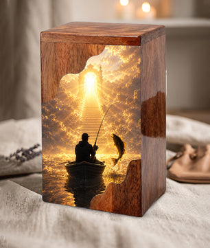 Fishing in Heaven Wooden Cremation Urn – Personalized Memorial Urn for Human Ashes