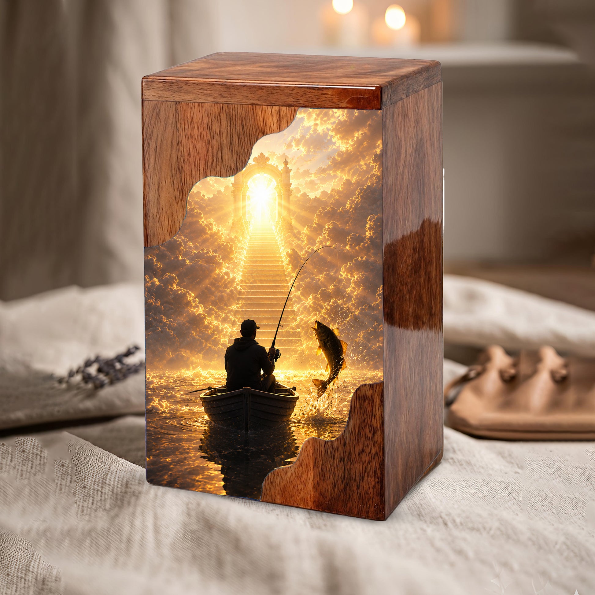 Fishing in Heaven Wooden Cremation Urn – Personalized Memorial Urn for Human Ashes