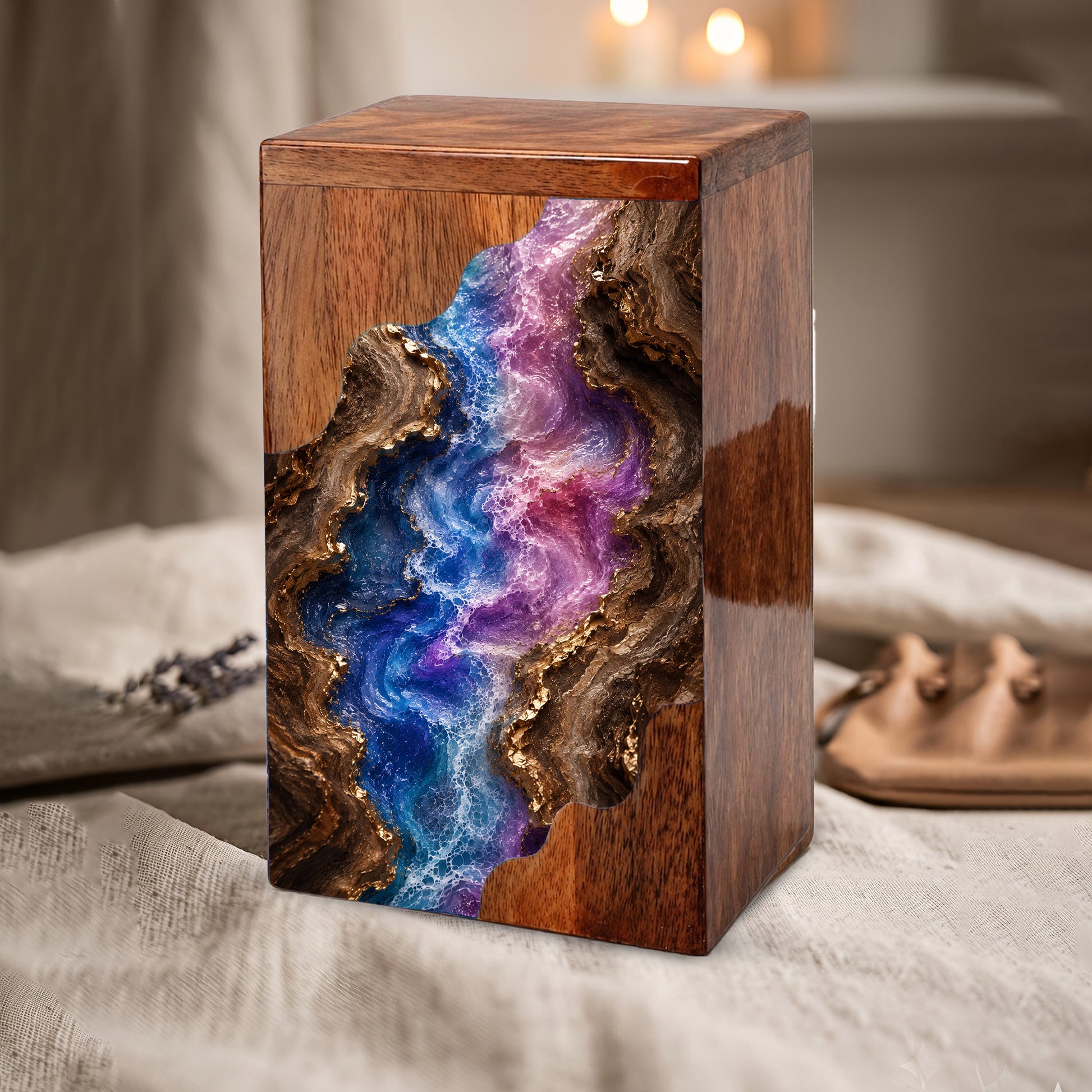 Wooden Abstract River Cremation Urn – Wooden Urn for Human Ashes