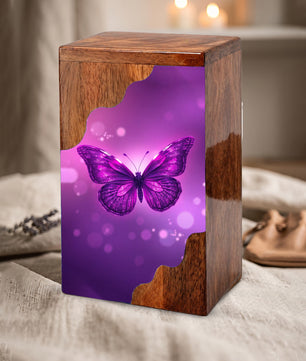 Purple Butterfly Wooden Cremation Urn – Elegant Butterfly Memorial Wooden Urn for Human Ashes