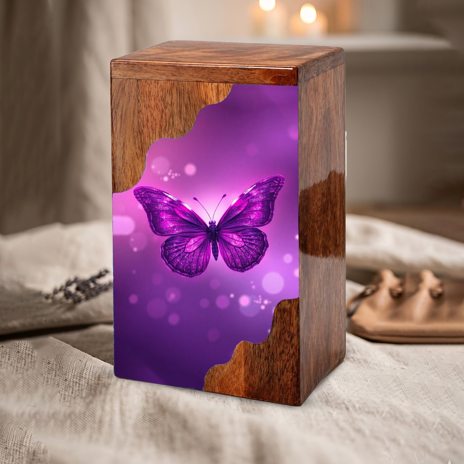 Purple Butterfly Wooden Cremation Urn – Elegant Butterfly Memorial Wooden Urn for Human Ashes