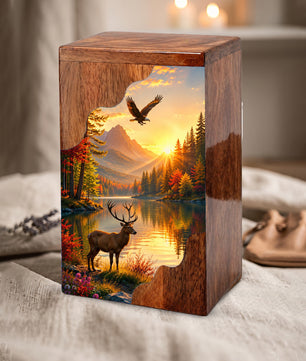 Mountain Wildlife Wooden Cremation Urn – Wooden Urn for Human Ashes