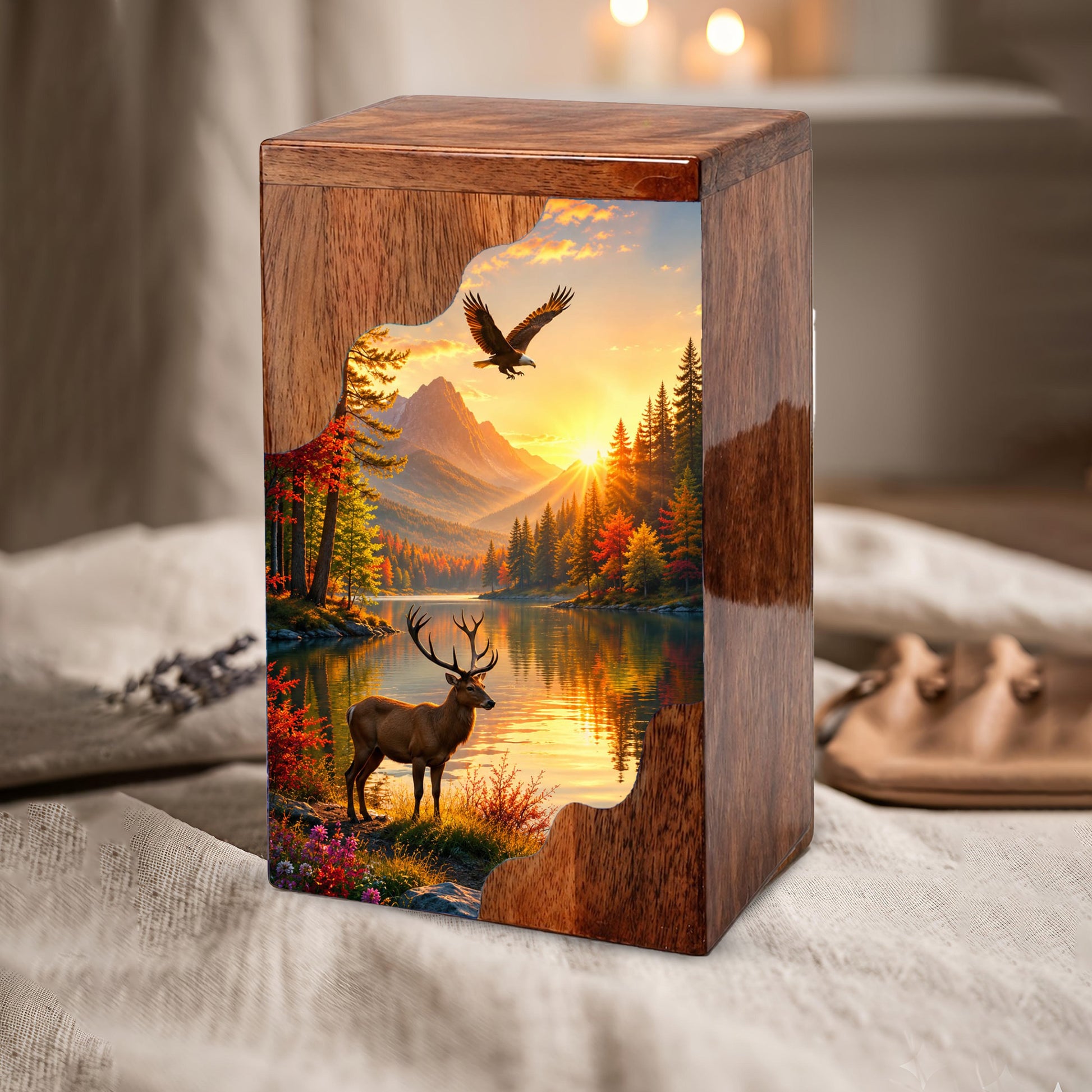 Mountain Wildlife Wooden Cremation Urn – Wooden Urn for Human Ashes