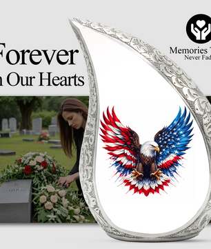 Personalized Patriotic Eagle Cremation Urn – Custom Memorial Urn for Dad, American Bald Eagle Teardrop Aluminum Adult Urn for Ashes, 10 Inch