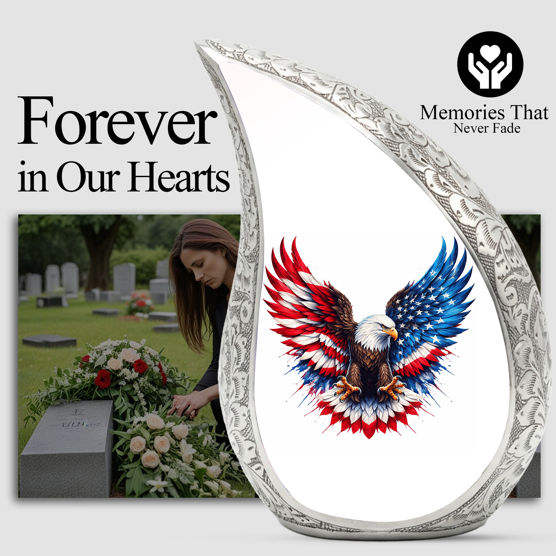 Personalized Patriotic Eagle Cremation Urn – Custom Memorial Urn for Dad, American Bald Eagle Teardrop Aluminum Adult Urn for Ashes, 10 Inch