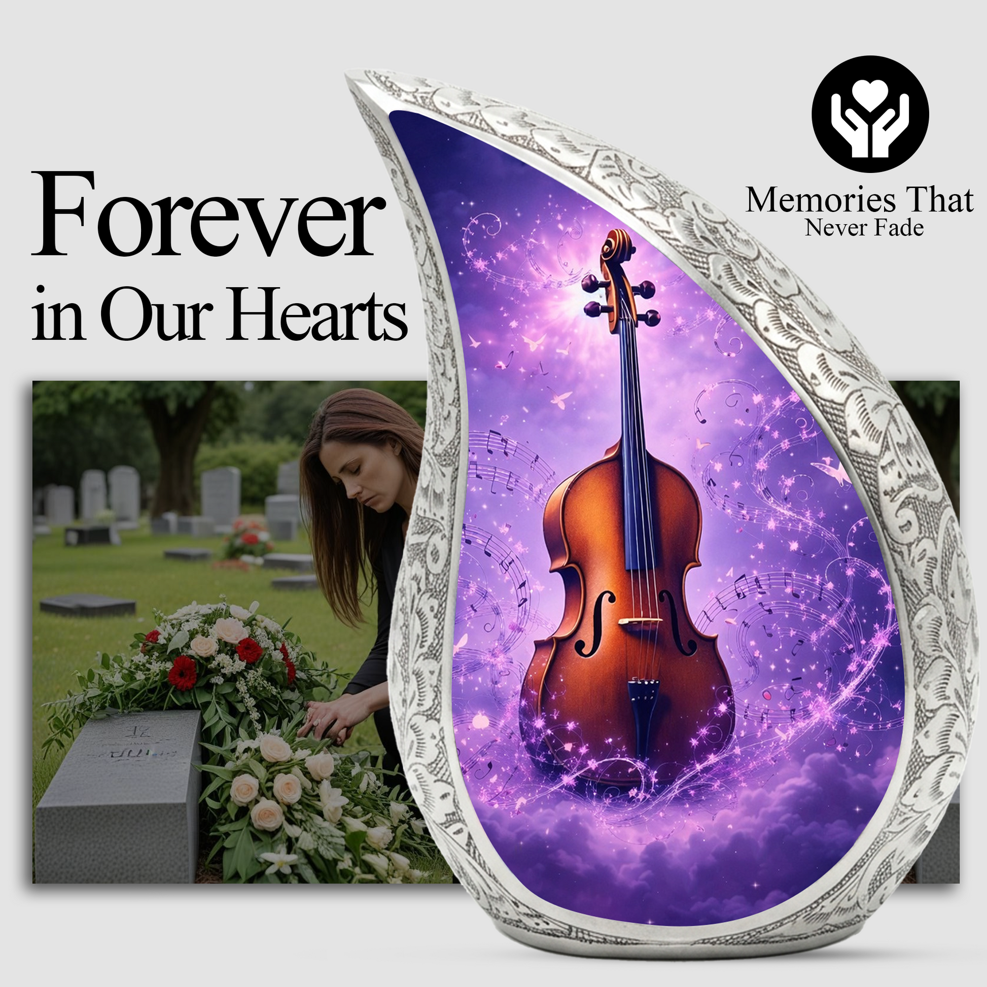 Personalized Violin Cremation Urn – Custom Music Memorial Urn for Ashes, Teardrop Aluminum Adult Urn, 10 Inch