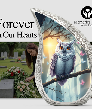 Enchanted Owl Personalized Cremation Urn – Teardrop Memorial Urn for Ashes | 10 Inch Aluminum Adult Urn