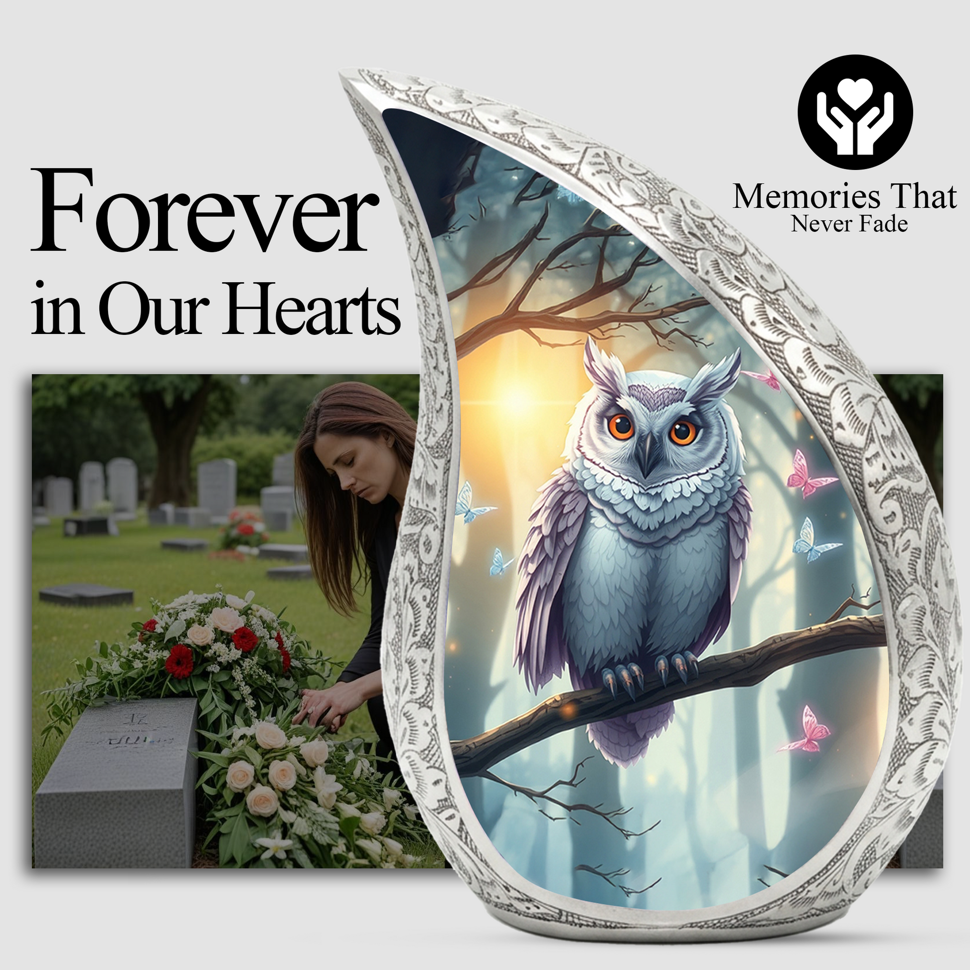 Enchanted Owl Personalized Cremation Urn – Teardrop Memorial Urn for Ashes | 10 Inch Aluminum Adult Urn