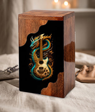 Dragon Guitar Wooden Cremation Urn – Music Memorial Urn with Mythical Dragon