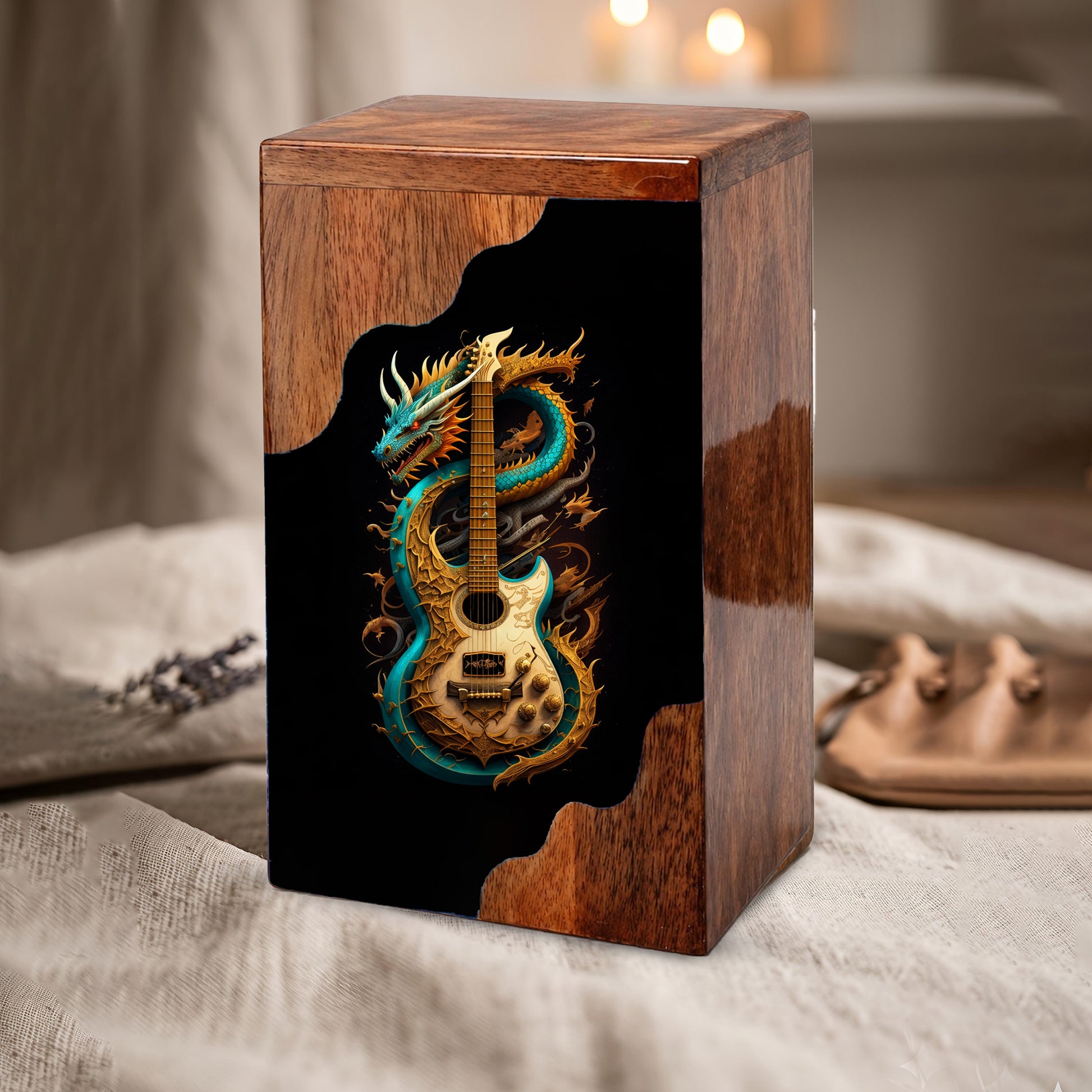 Dragon Guitar Wooden Cremation Urn – Music Memorial Urn with Mythical Dragon