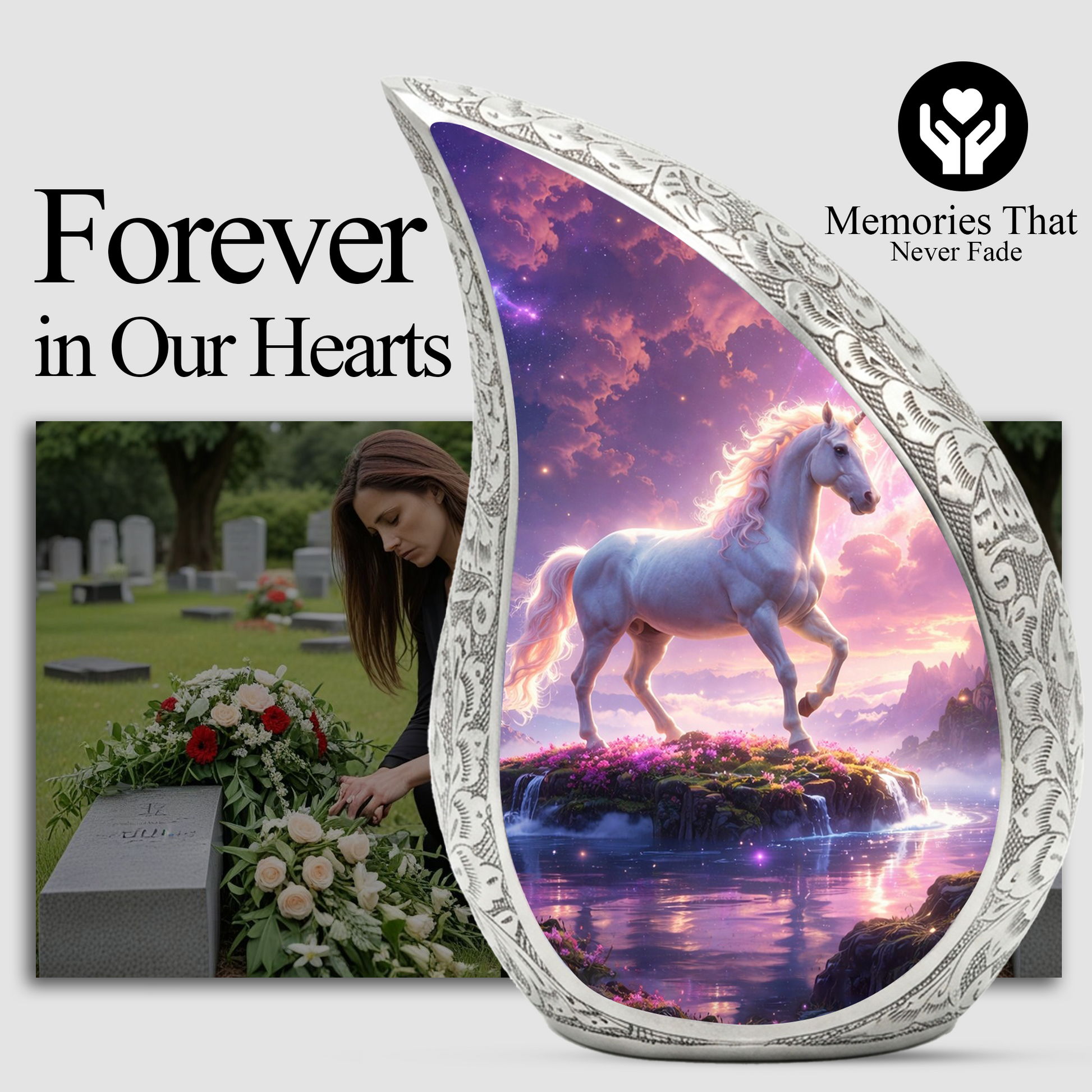 Majestic Horse Personalized Cremation Urn – Teardrop Style Aluminum Memorial Urn, 10 Inch