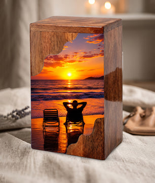 Personalised Wooden Beach Urn for Dad | Wooden Cremation Urn for Human Ashes