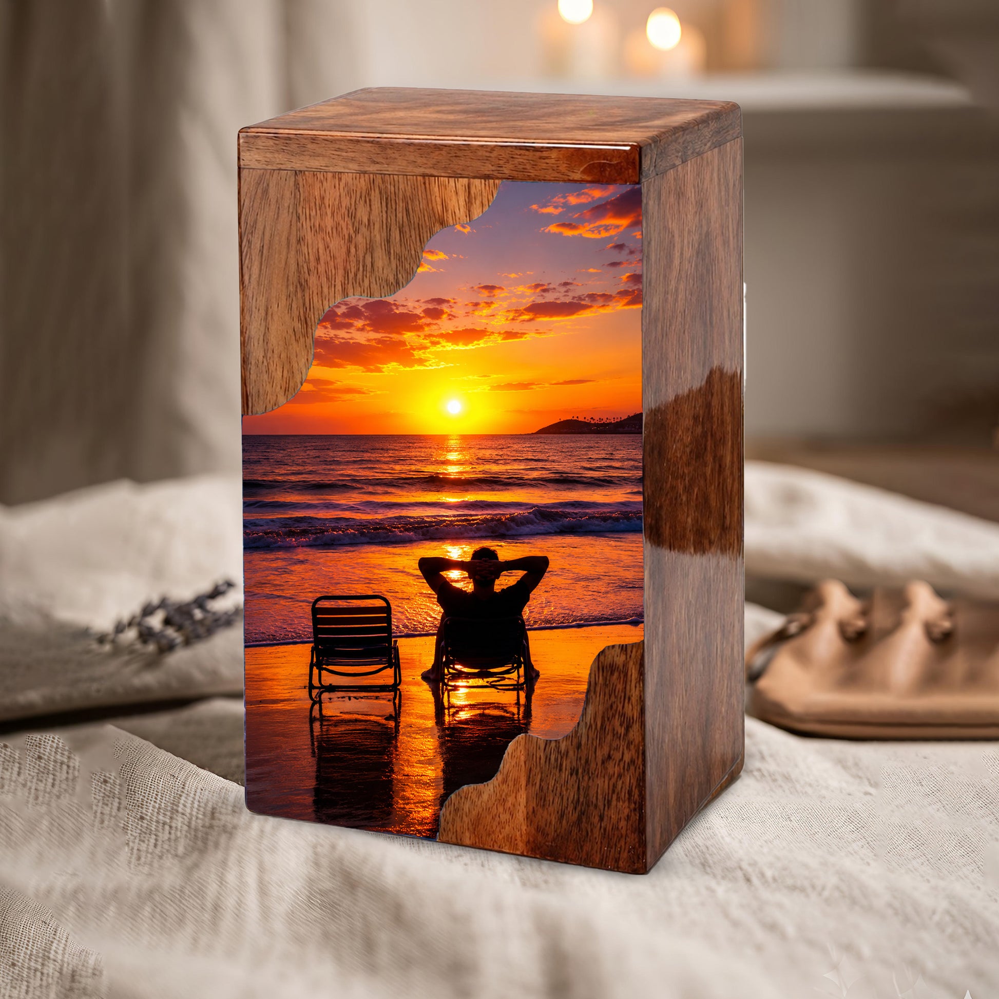 Personalised Wooden Beach Urn for Dad | Wooden Cremation Urn for Human Ashes