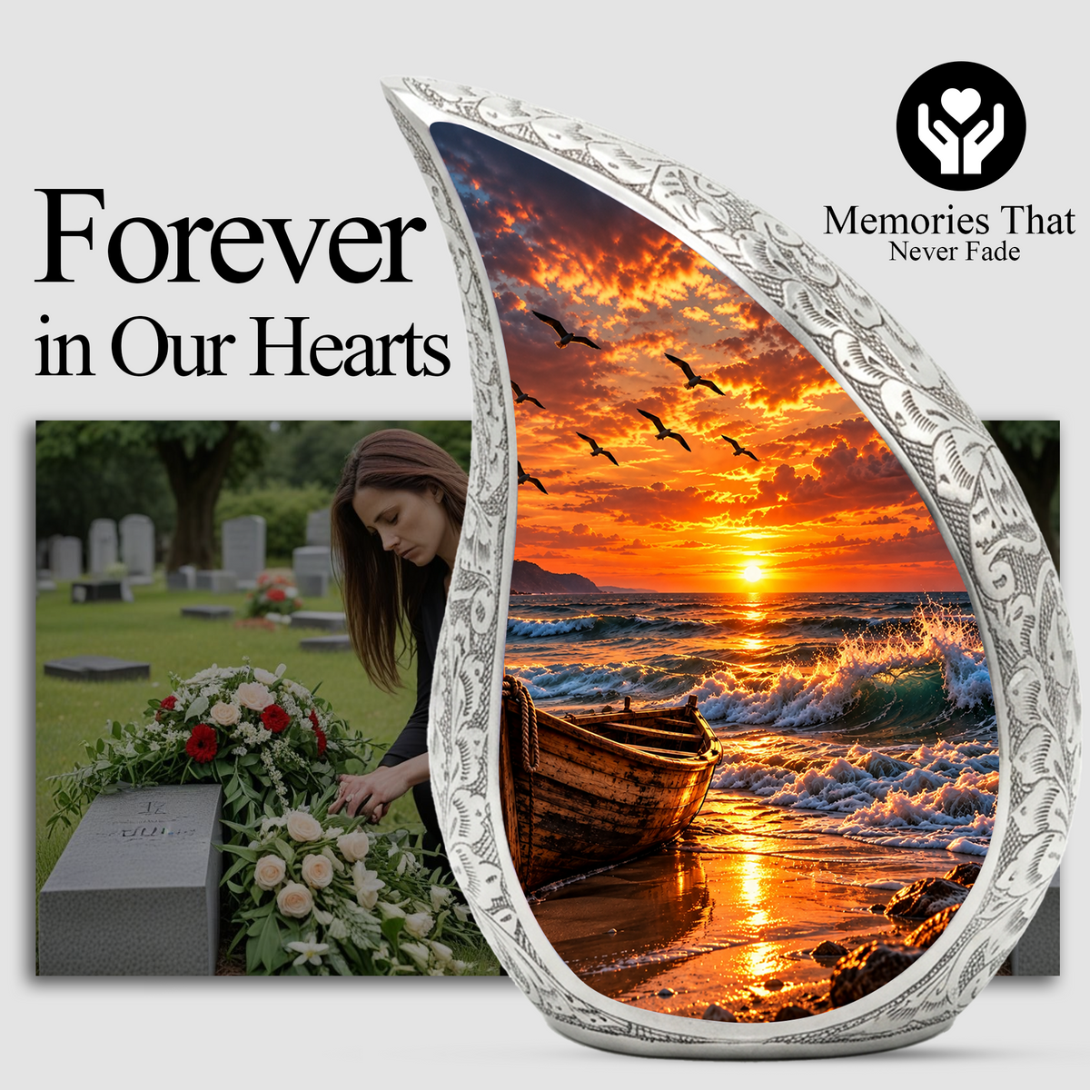 Ocean Sunset Cremation Urn for Adult Ashes, Beach Memorial keepsake Urn