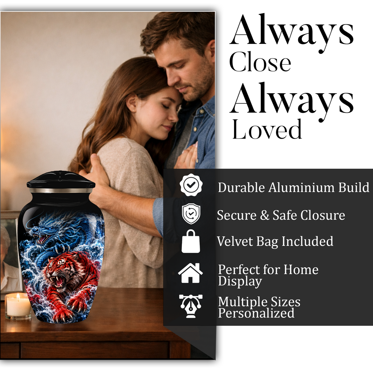 Personalized Adult Cremation Urn for Ashes, Custom Dragon and Tiger Memorial Urn, Blue Dragon Red Tiger Artwork