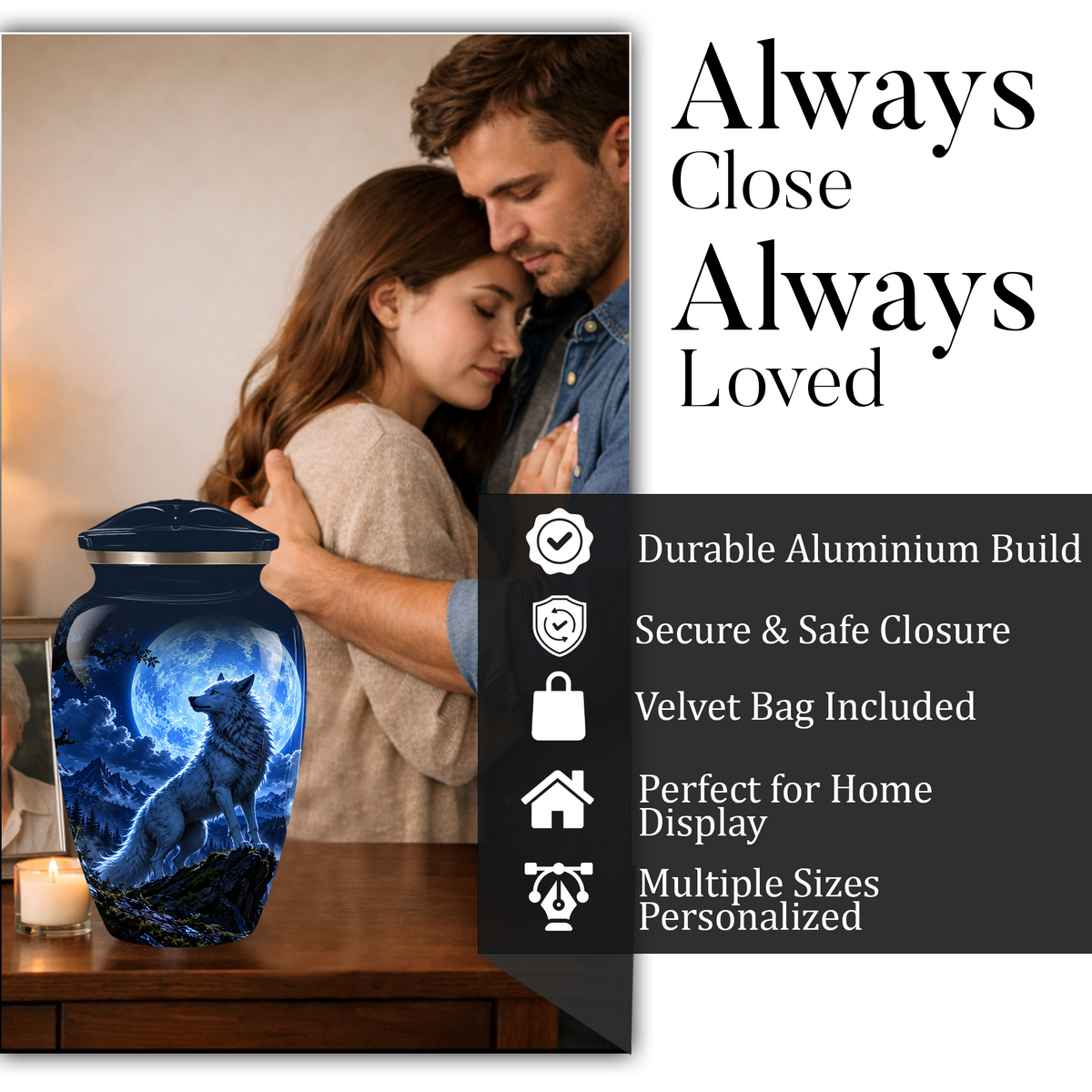 Personalized Adult Cremation Urn for Ashes, Custom Blue Wolf Moon Memorial Urn, Wildlife Cremation Urn
