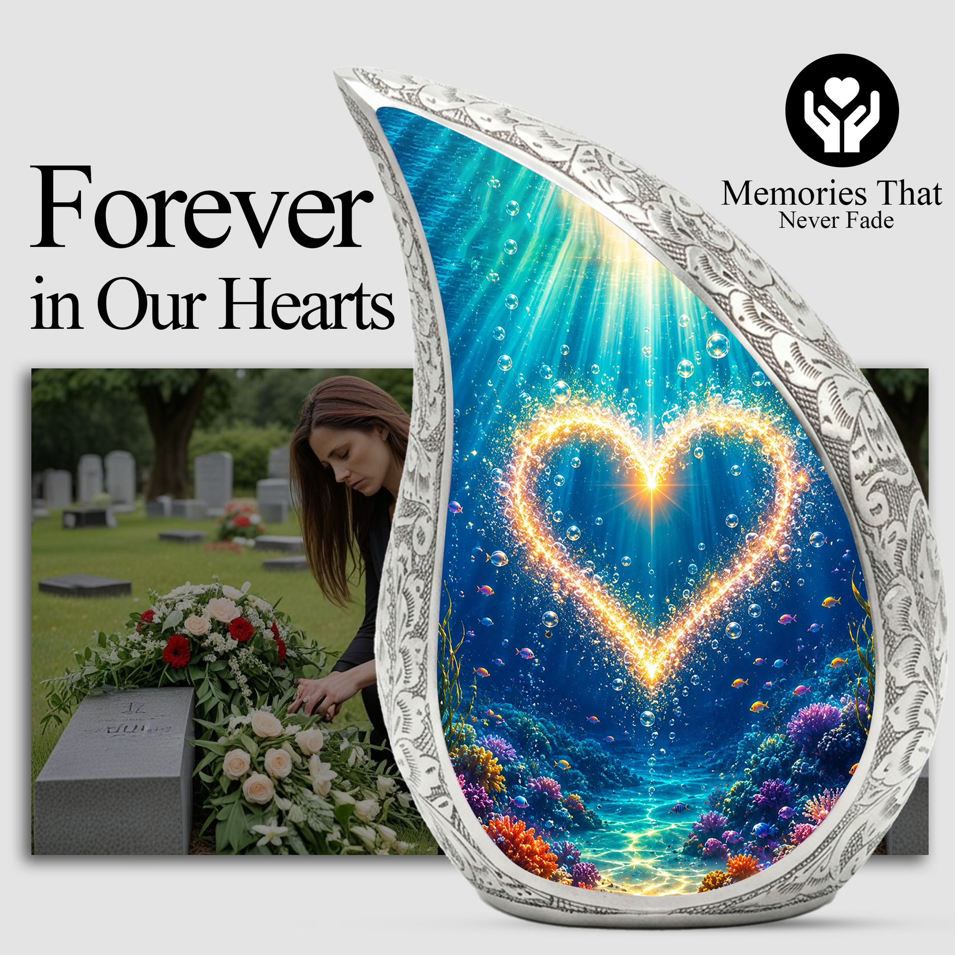 Ocean Heart Memorial Urn for Mom – Personalized Cremation Urn for Human Ashes | Underwater Heart Keepsake Urn for Women