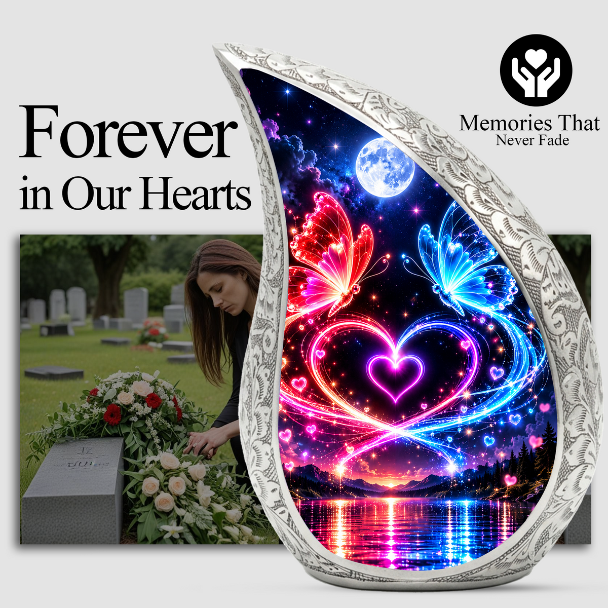 Heart Butterfly Urn for Human Ashes, Adult Cremation Urn with Glowing Butterflies
