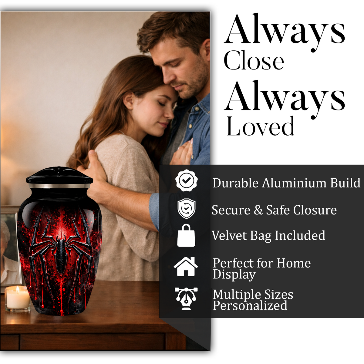 Black Spider Cremation Urn with Red Gothic Design – Adult Urn for Ashes
