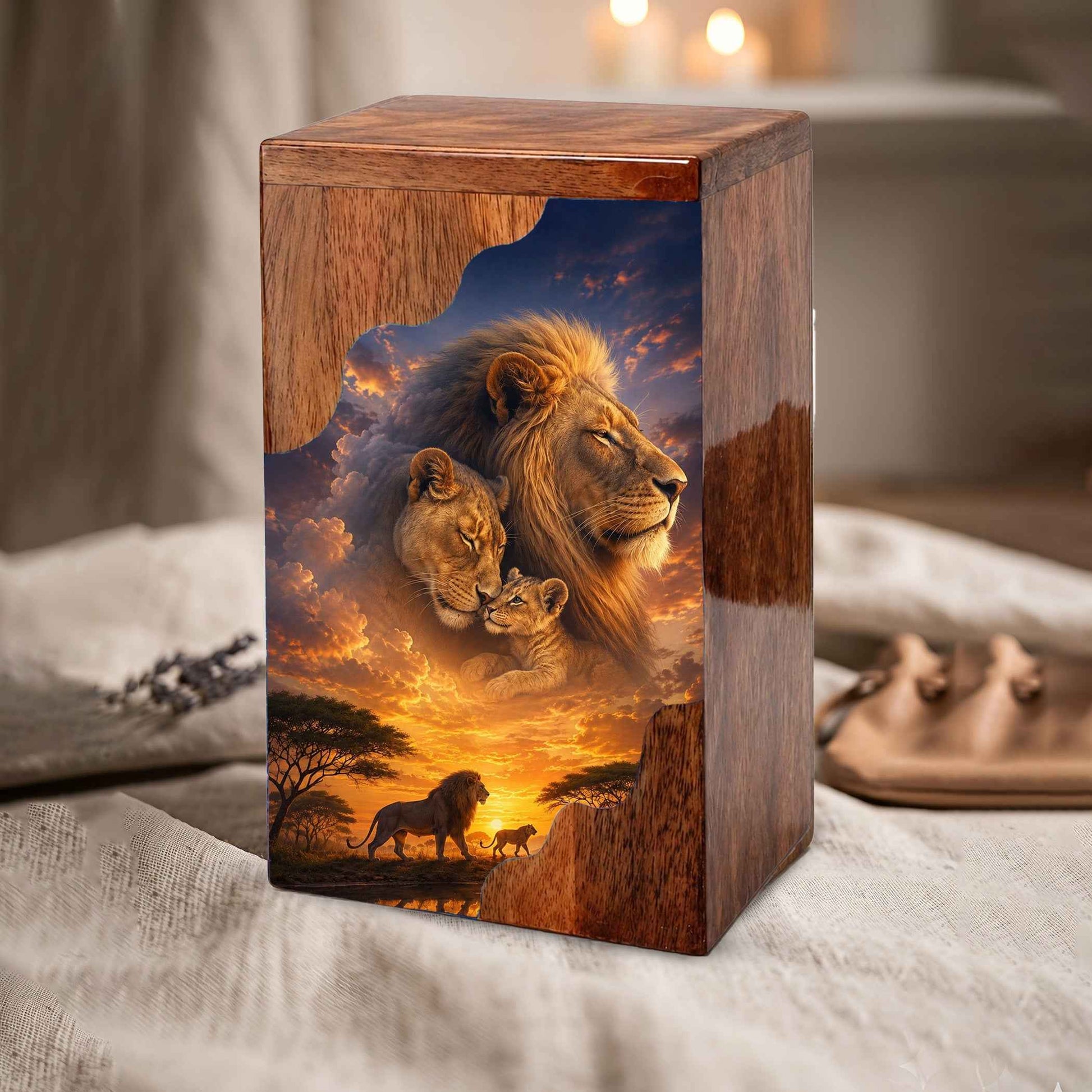 Lion Family Wooden Cremation Urn for Dad, Wooden Urn for Human Ashes, Urn for Papa