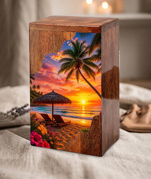 Paradise Wooden Cremation Urn – Beach Theme Wooden Urn for Human Ashes